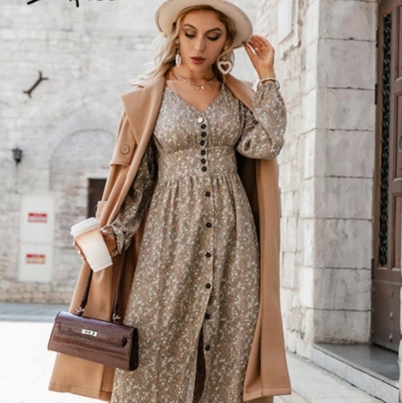 Simplee Retro pleated v-neck buttons A-line floral dress Large Sage/Tan - Picture 3 of 6